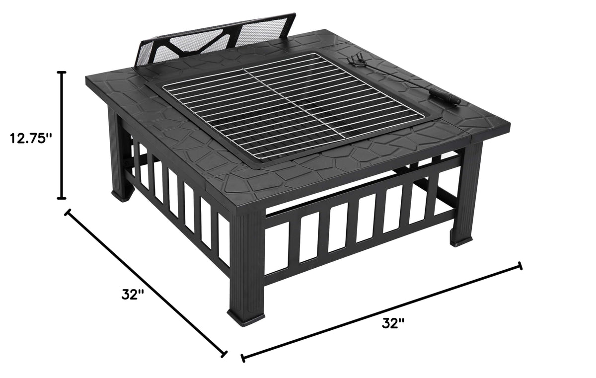 32 Inch Square Metal Outdoor Fire Pit with Spark Screen Lid and Waterproof Cover Y9768