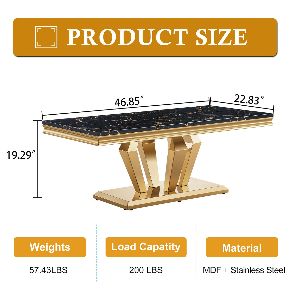 47" Faux Marble Rectangular Coffee Table with Mirrored Finish Stainless Steel Base J2977
