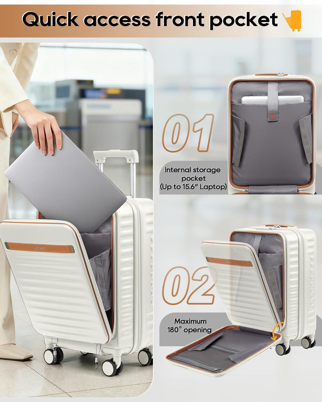 20 Inch Carry On Luggage with Front Pocket and Cup Holder, White G728