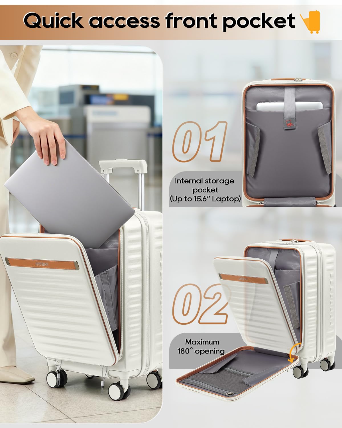 20 Inch Carry On Luggage with Front Pocket and Cup Holder, White G728