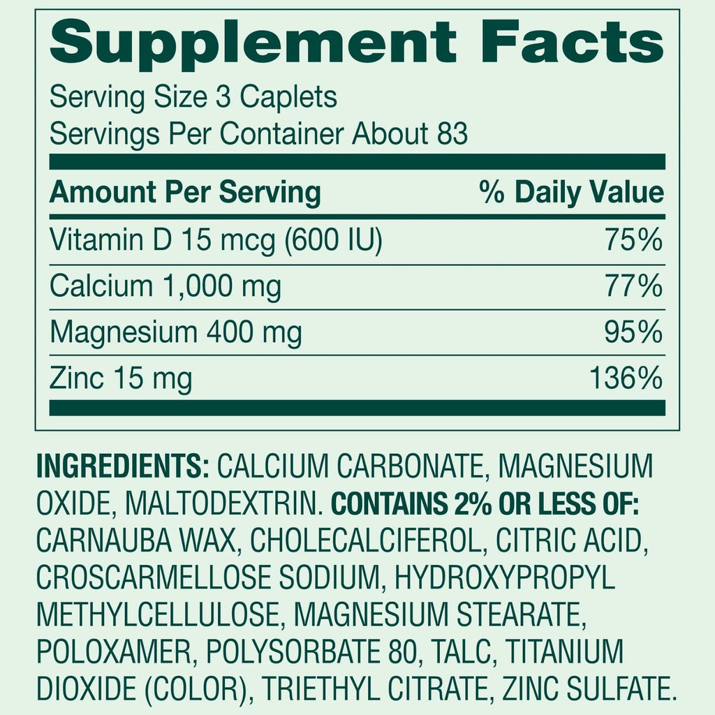 Calcium Magnesium Zinc Vitamin D3 Dietary Supplement 250 Coated Caplets W18721