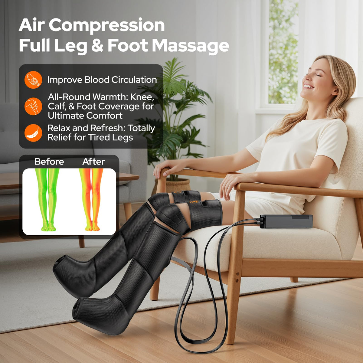 Air Compression Leg Massager with Heat, 6 Modes, 9 Intensities X783