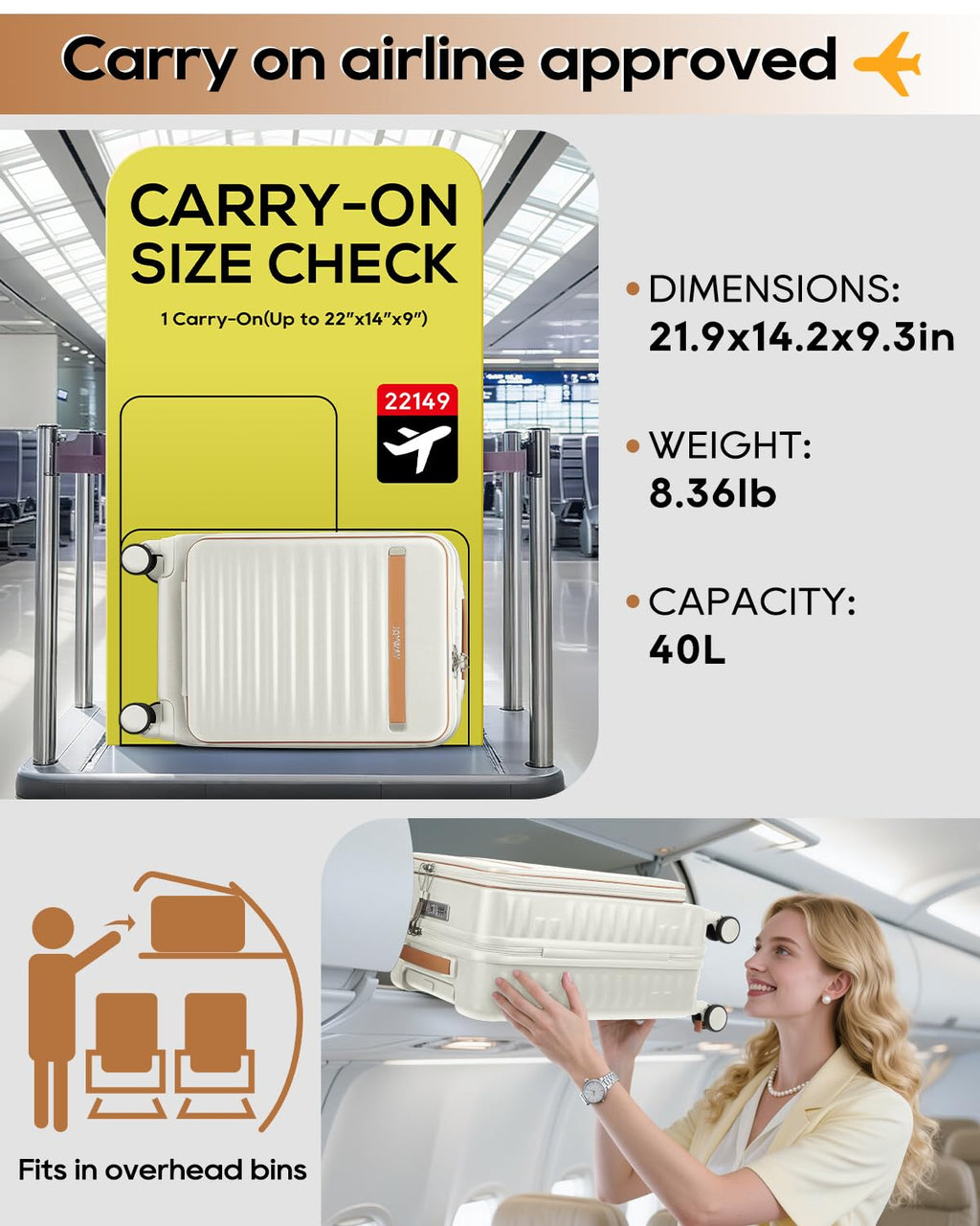 20 Inch Carry On Luggage with Front Pocket and Cup Holder, White G728