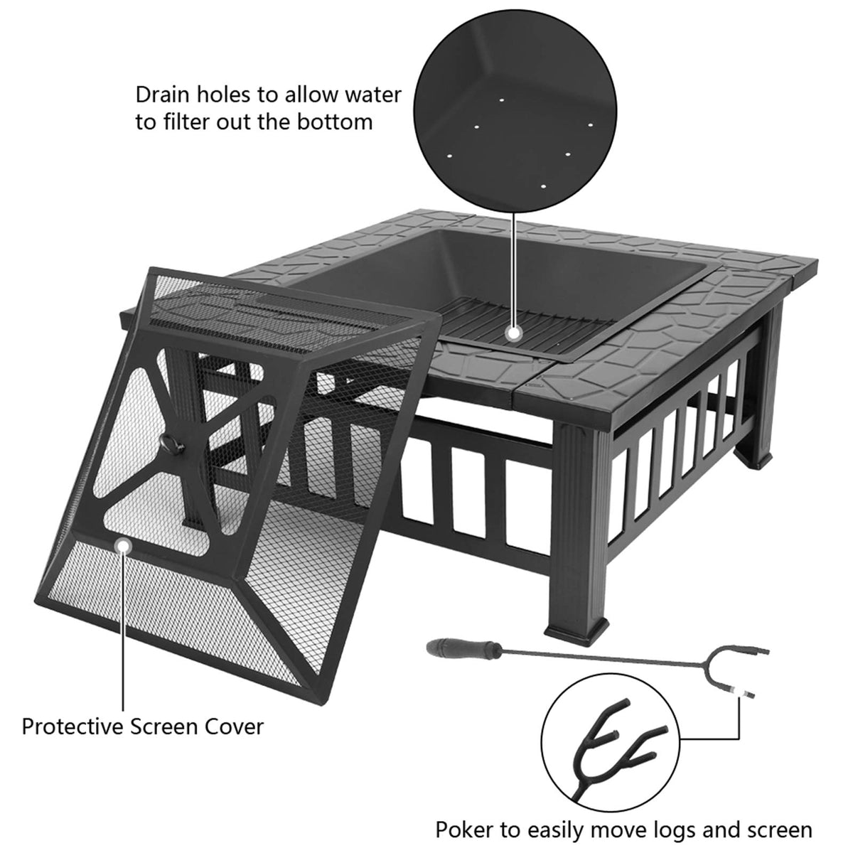 32 Inch Black Metal Wood Burning Fire Pit Q55612