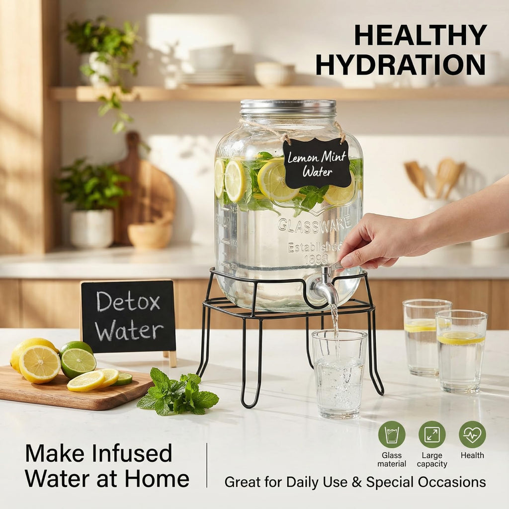 2 Gallon Glass Drink Dispenser with Stand F109
