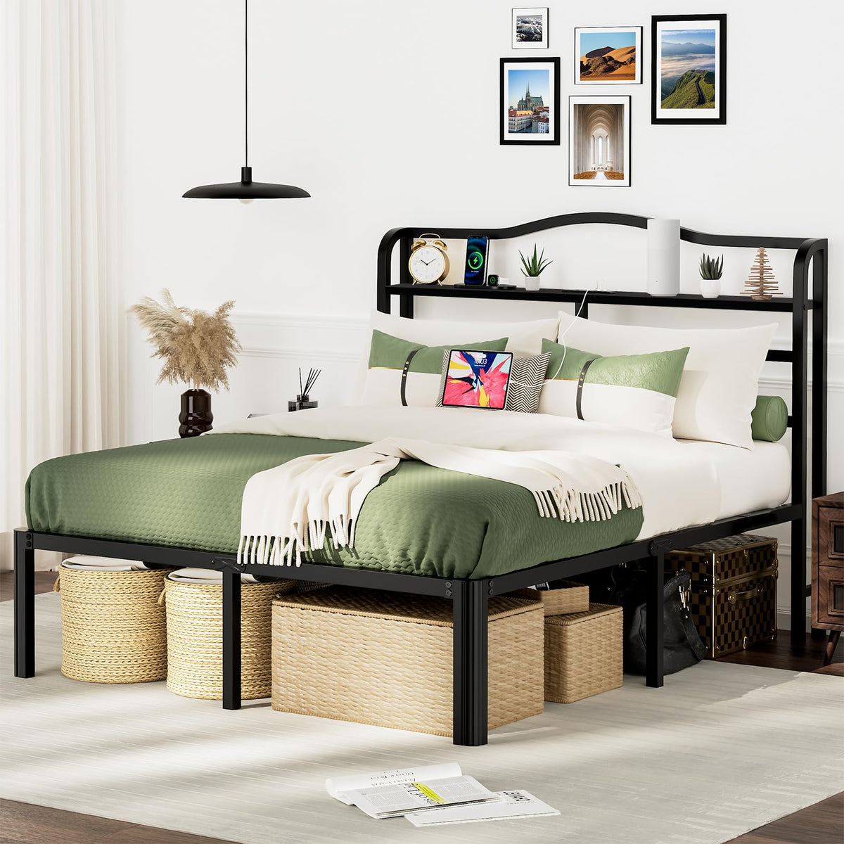 Queen 18 Inch Metal Platform Bed Frame with Headboard and Charging Station C676