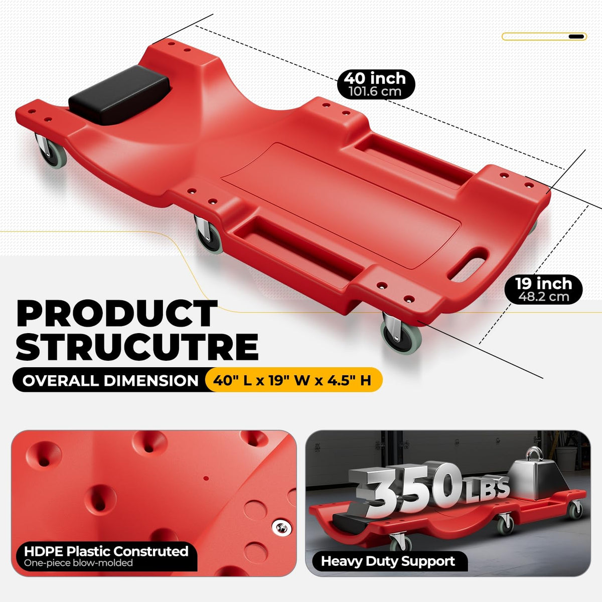 40 in Low-Profile Rolling Mechanic Creeper, Red I46298