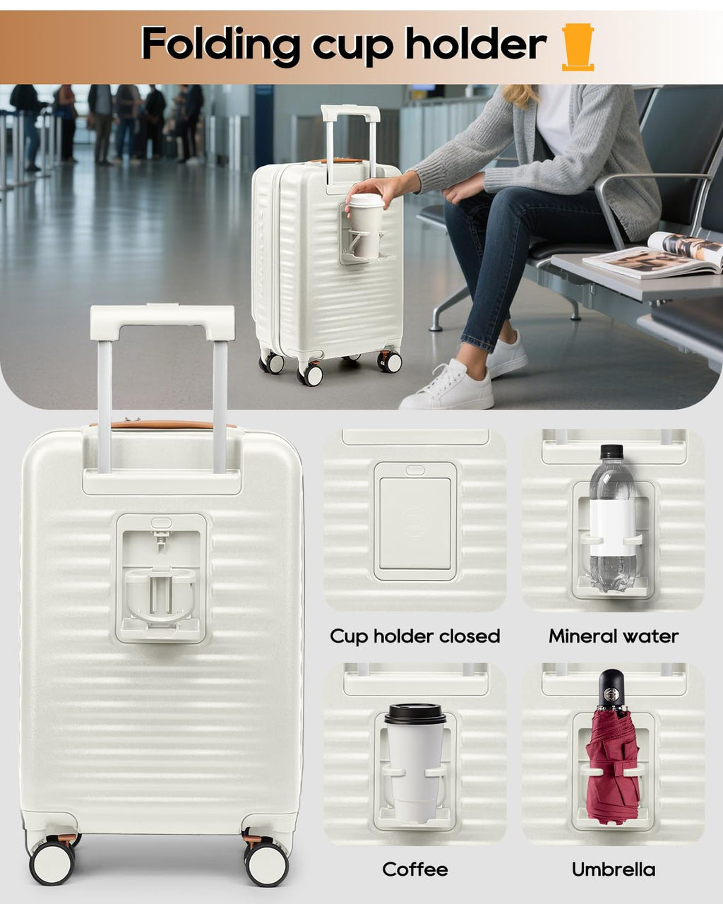 20 Inch Carry On Luggage with Front Pocket and Cup Holder, White G728