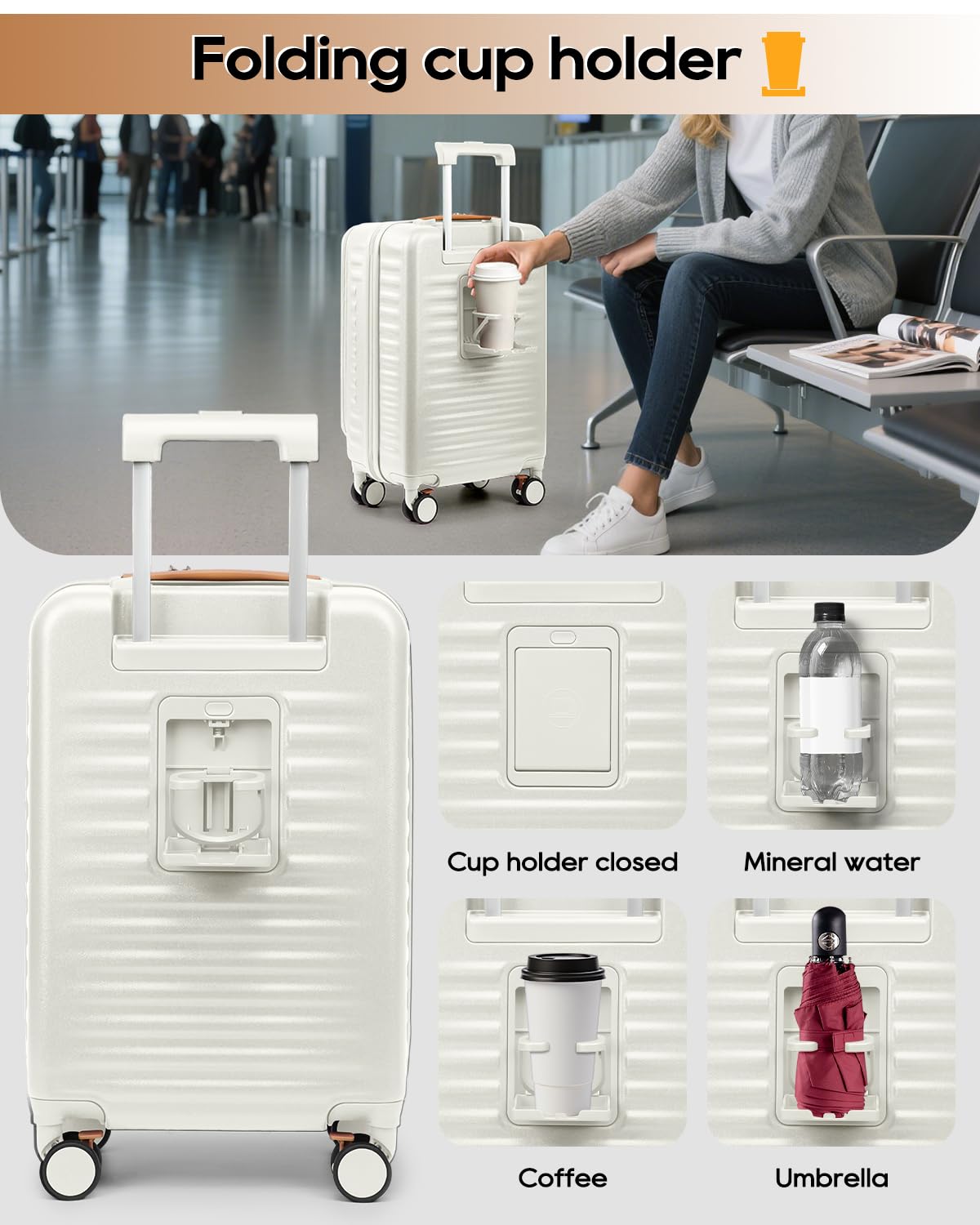 20 Inch Carry On Luggage with Front Pocket and Cup Holder, White G728
