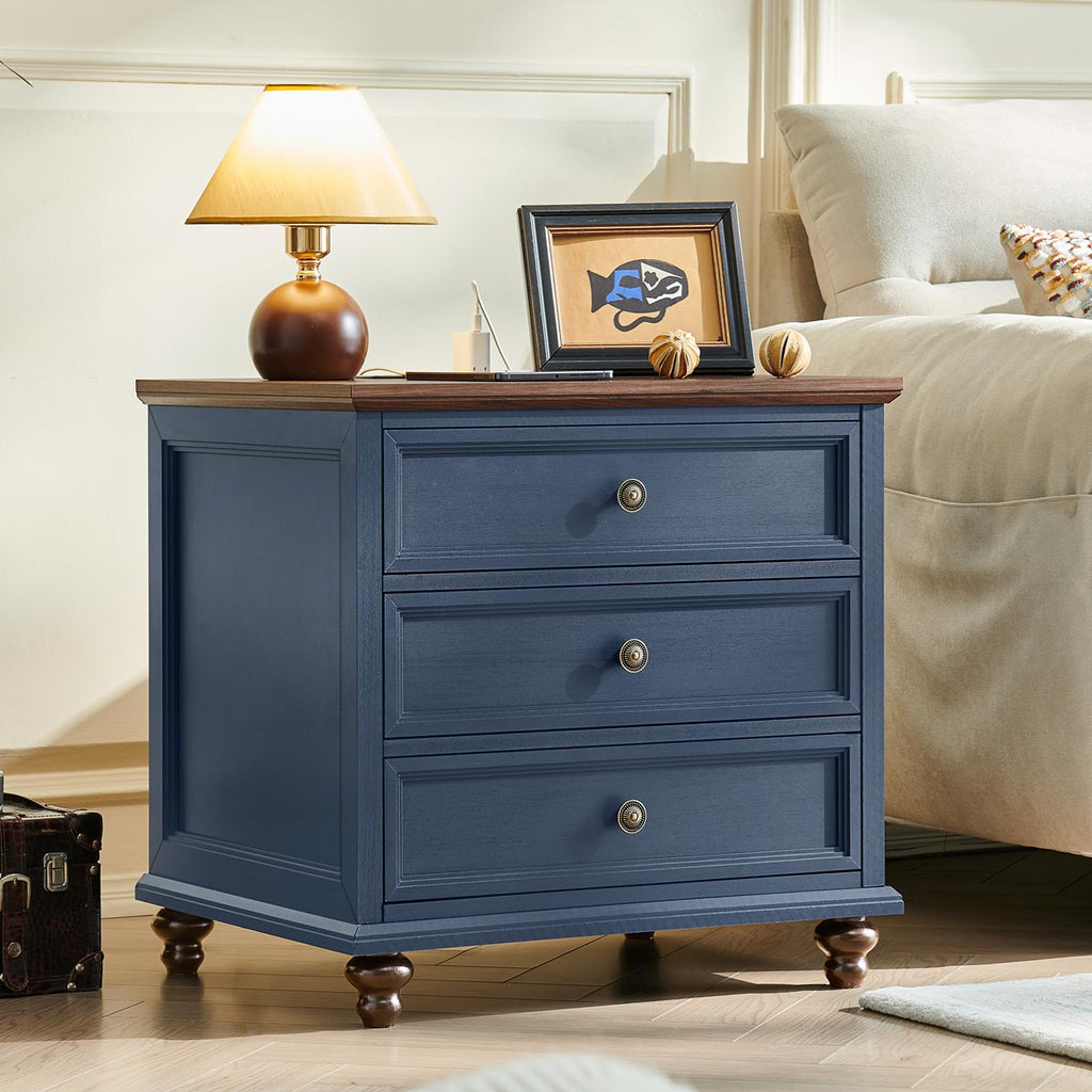Blue Wood Nightstand Set of 2 with Charging Station Q510596