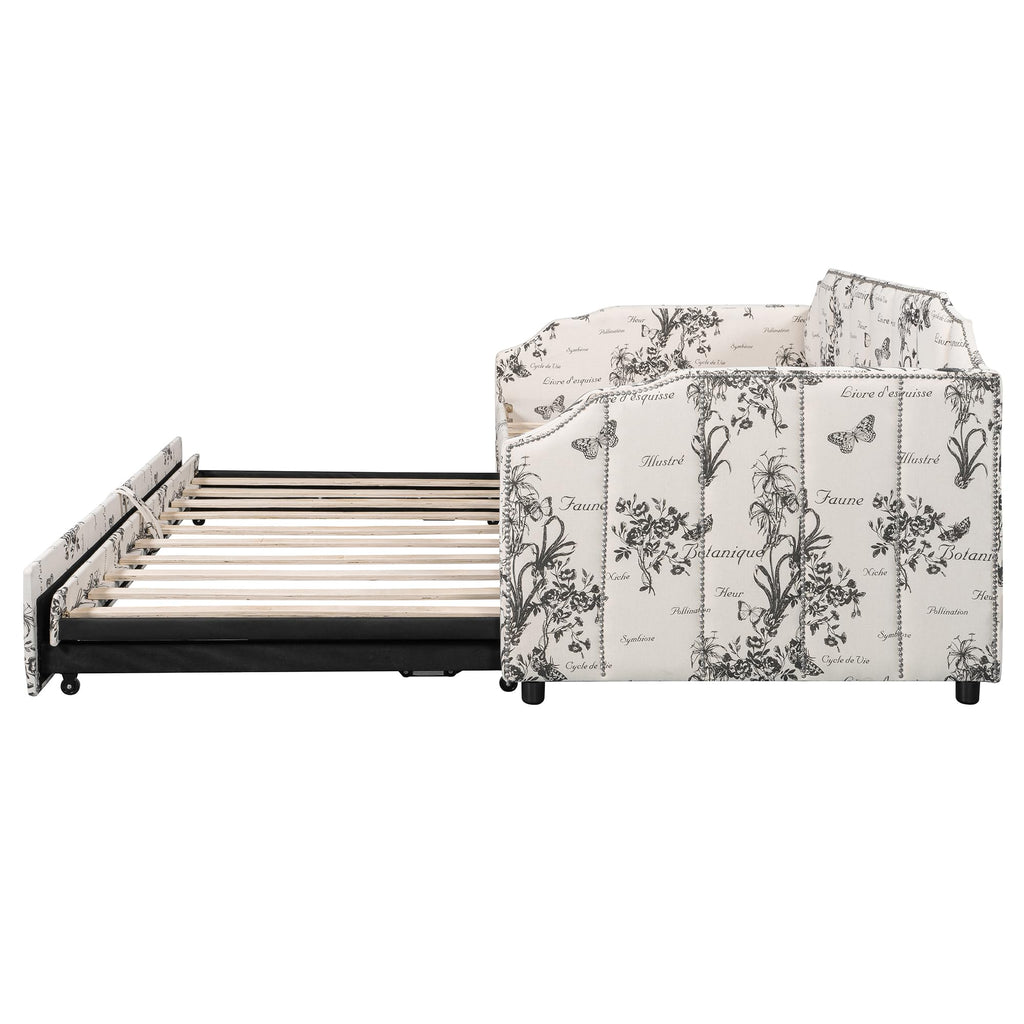 White Linen Upholstered Twin Size Daybed with Pop-Up Trundle T55561