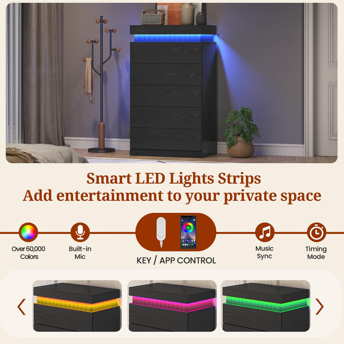 Black 6 Drawer Wood Dresser with LED Light and Power Outlet Z18009