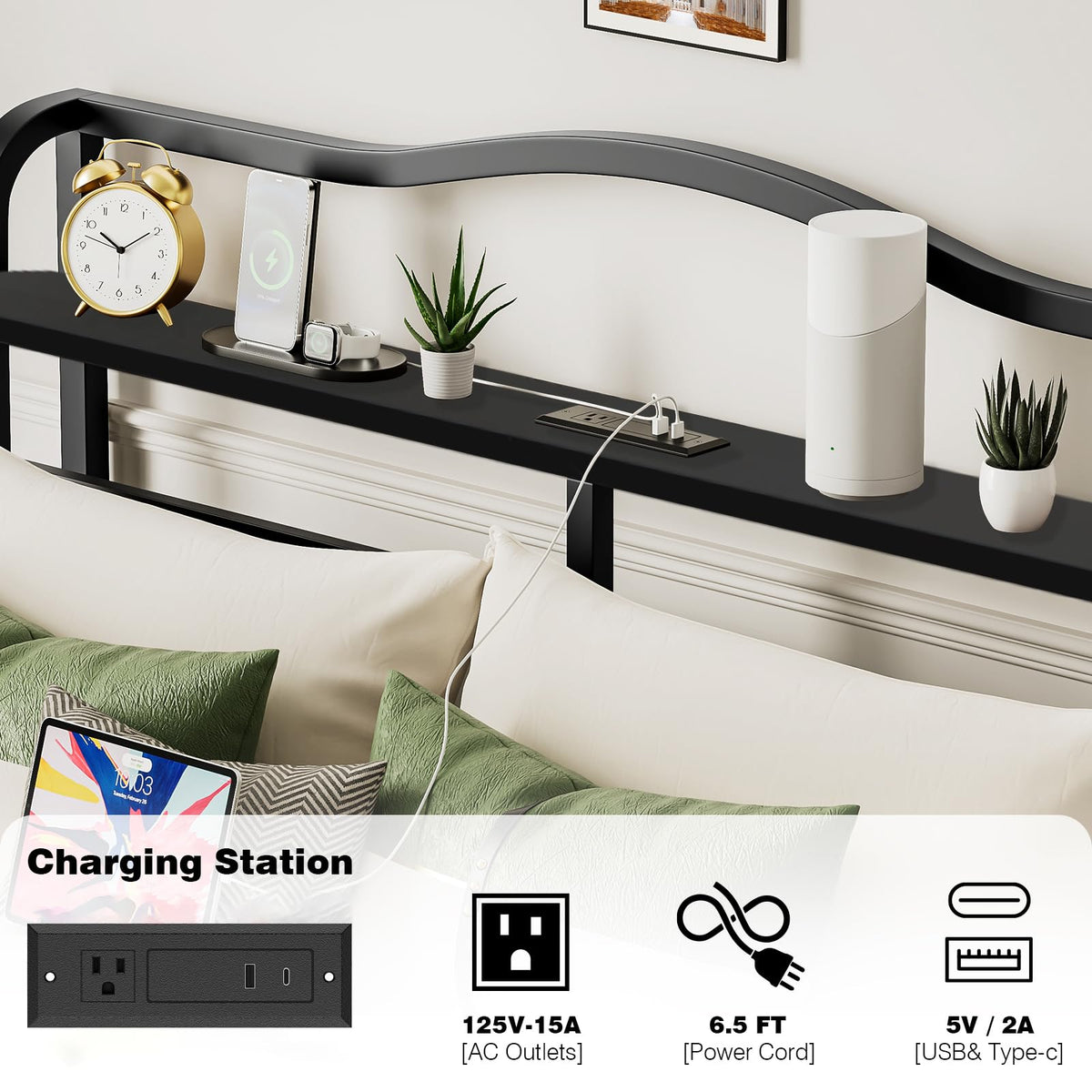 Queen 18 Inch Metal Platform Bed Frame with Headboard and Charging Station C676