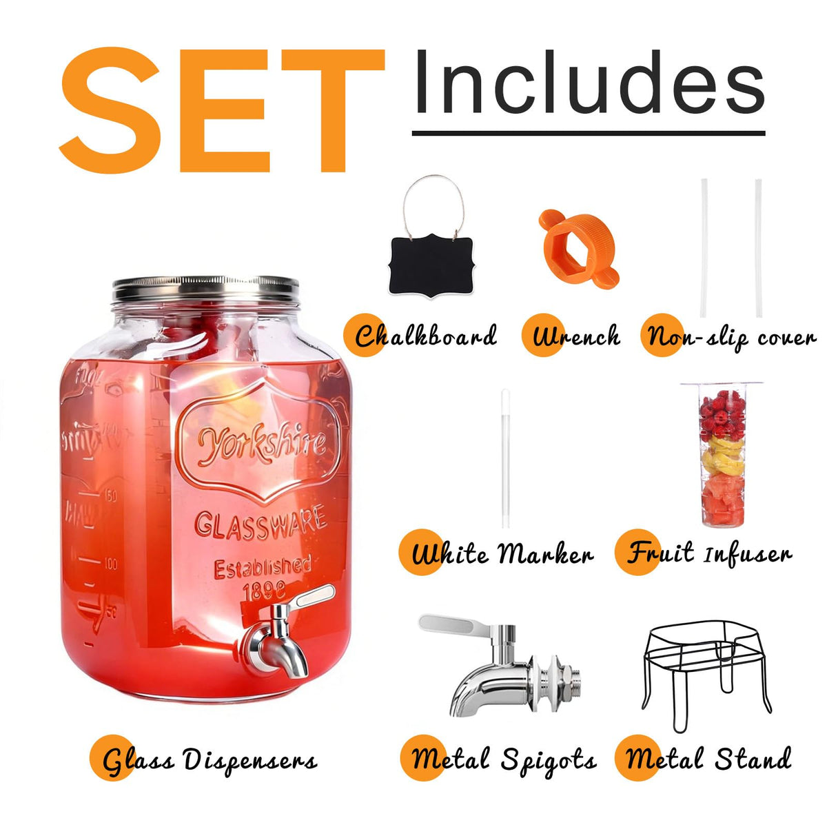 2 Gallon Glass Drink Dispenser with Stand F109