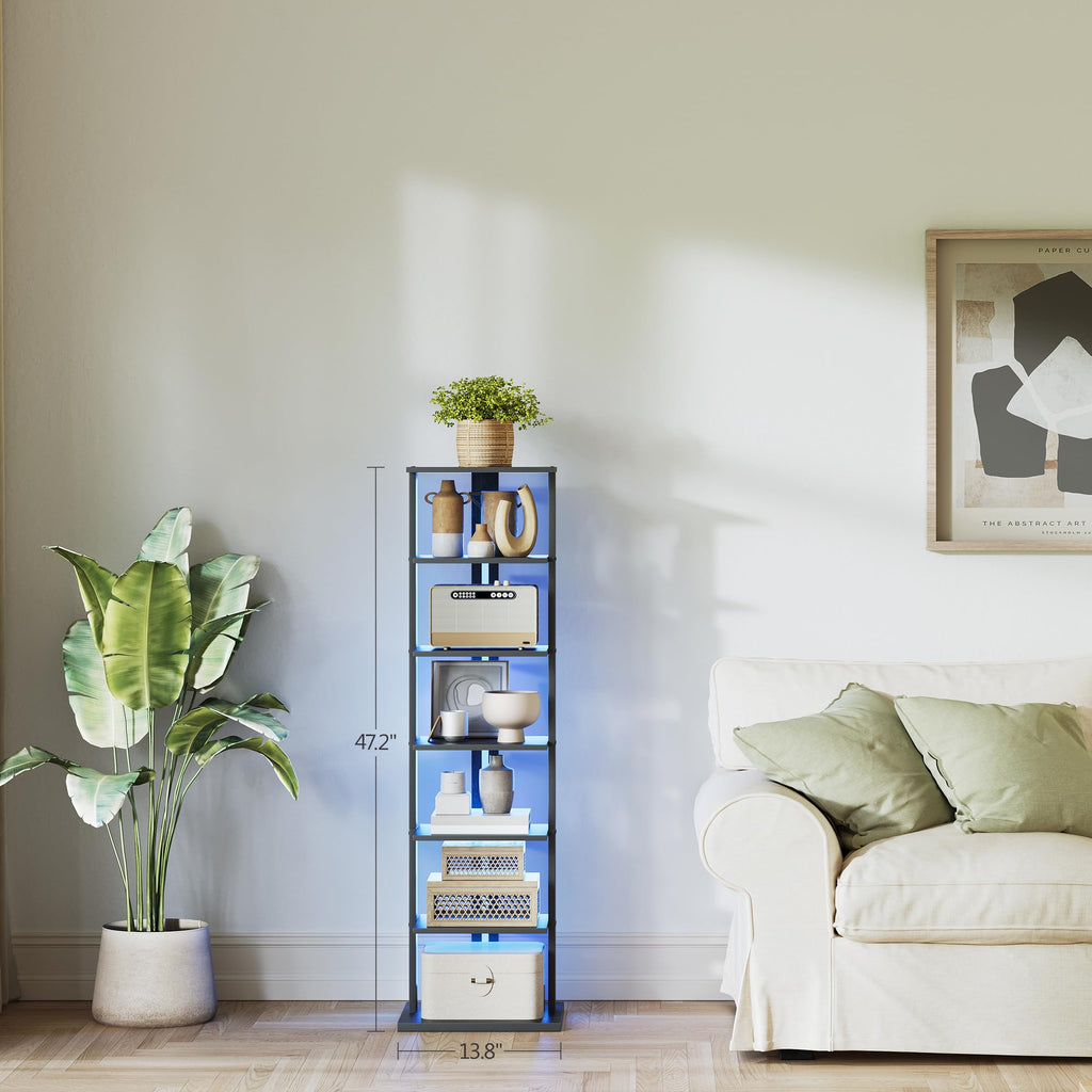 Black 7-Tier Narrow Bookshelf with LED Lights E49739