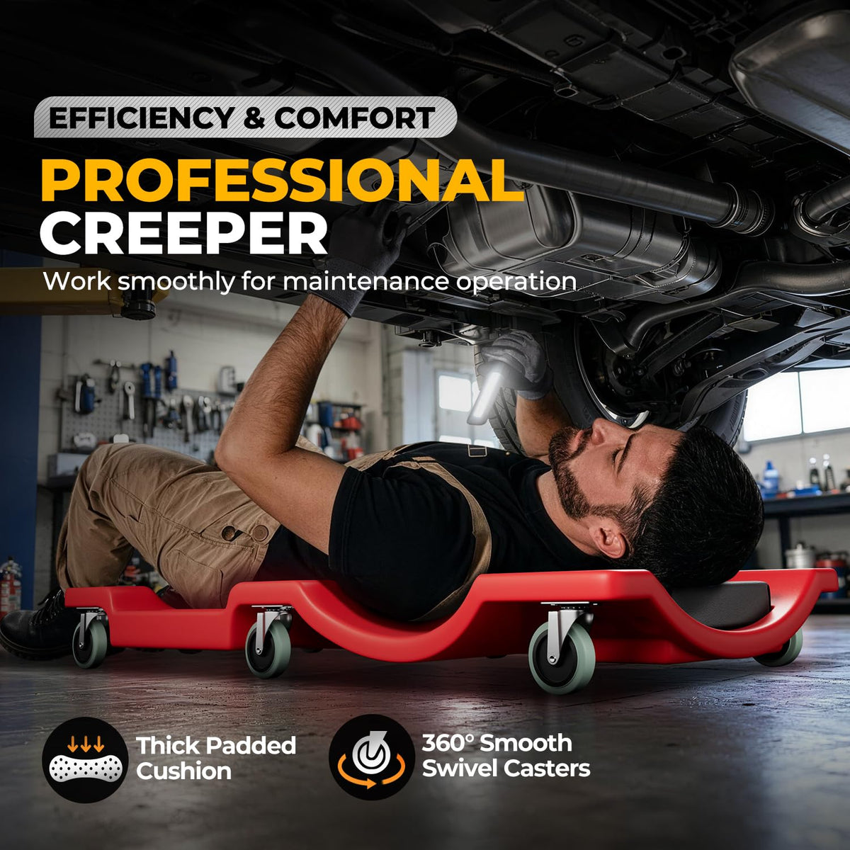 40 in Low-Profile Rolling Mechanic Creeper, Red I46298
