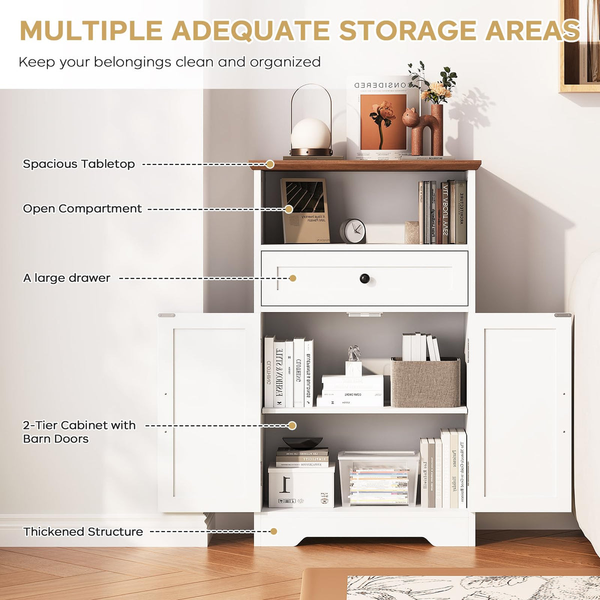 White Storage Cabinet with Barn Doors and Drawers H83197
