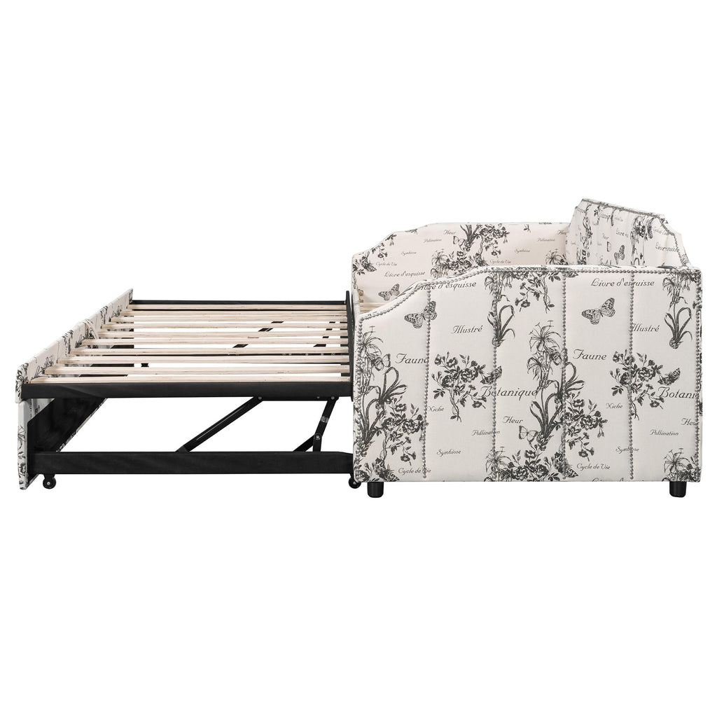 White Linen Upholstered Twin Size Daybed with Pop-Up Trundle T55561