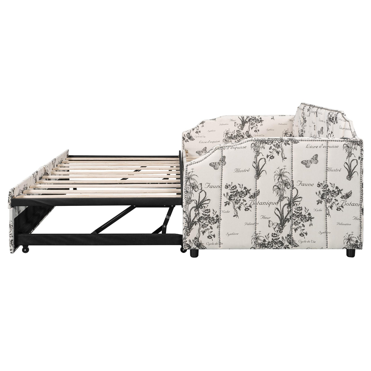 White Linen Upholstered Twin Size Daybed with Pop-Up Trundle T55561