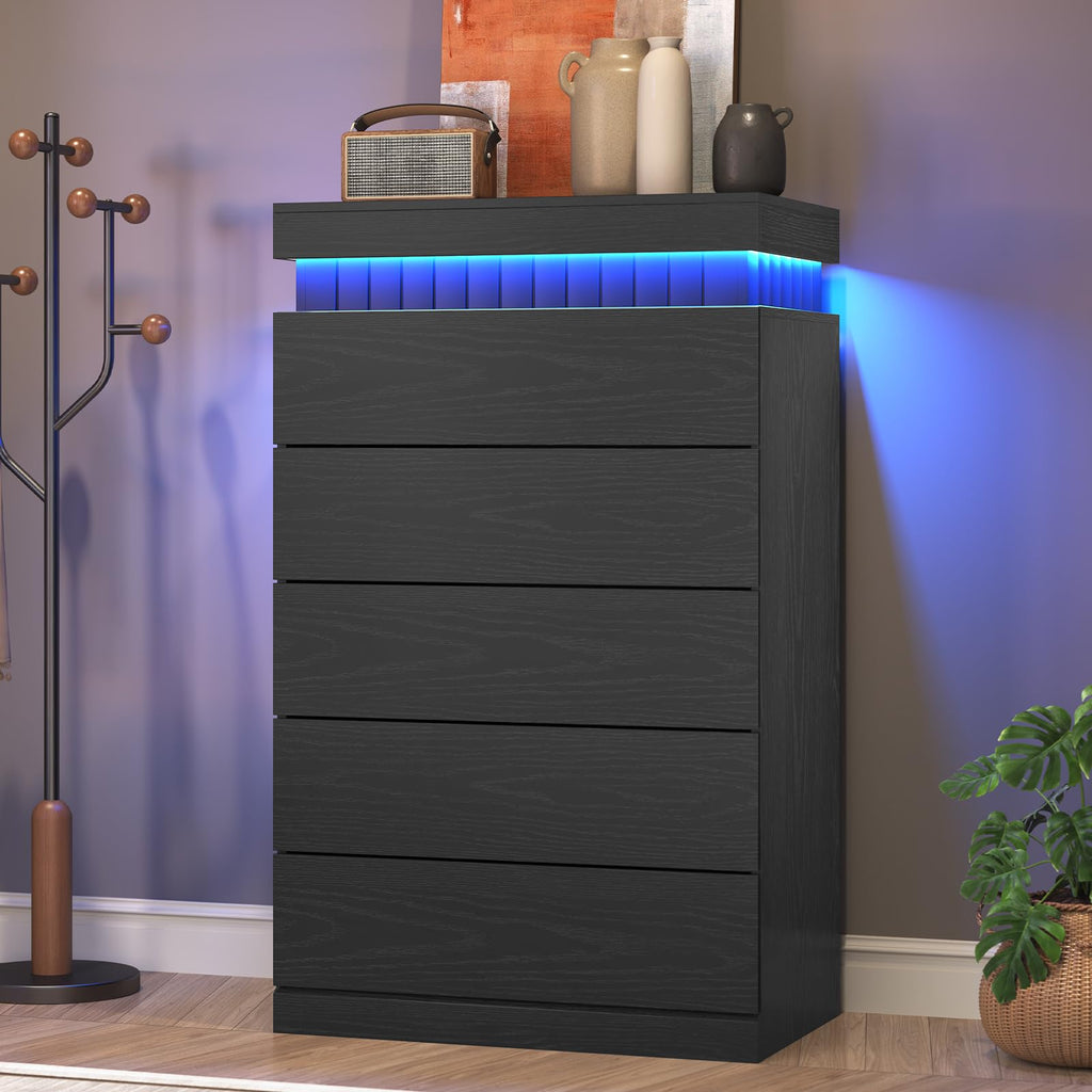 Black 6 Drawer Wood Dresser with LED Light and Power Outlet Z18009