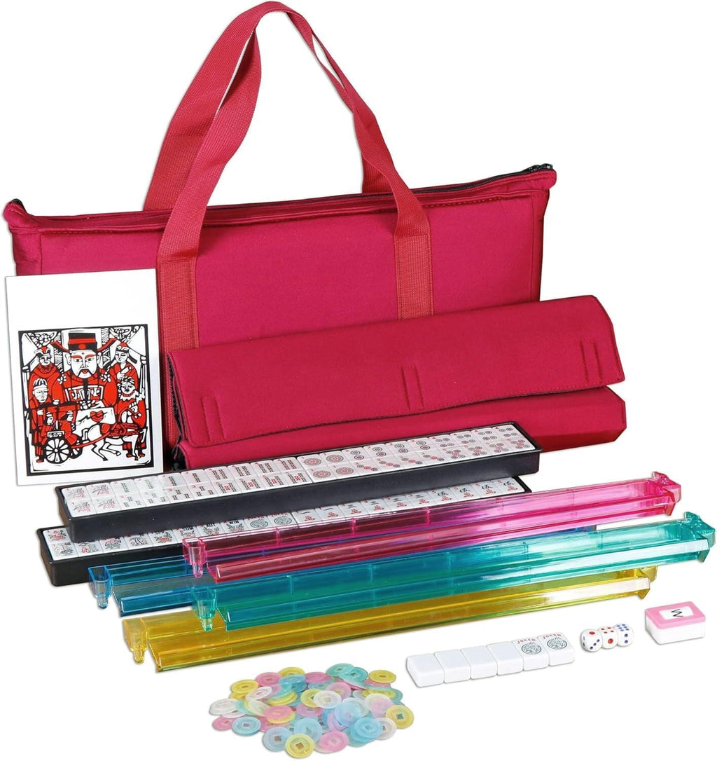 166 Tiles 4 Colors Mahjong Set with Rack Pushers Soft Bag F49872