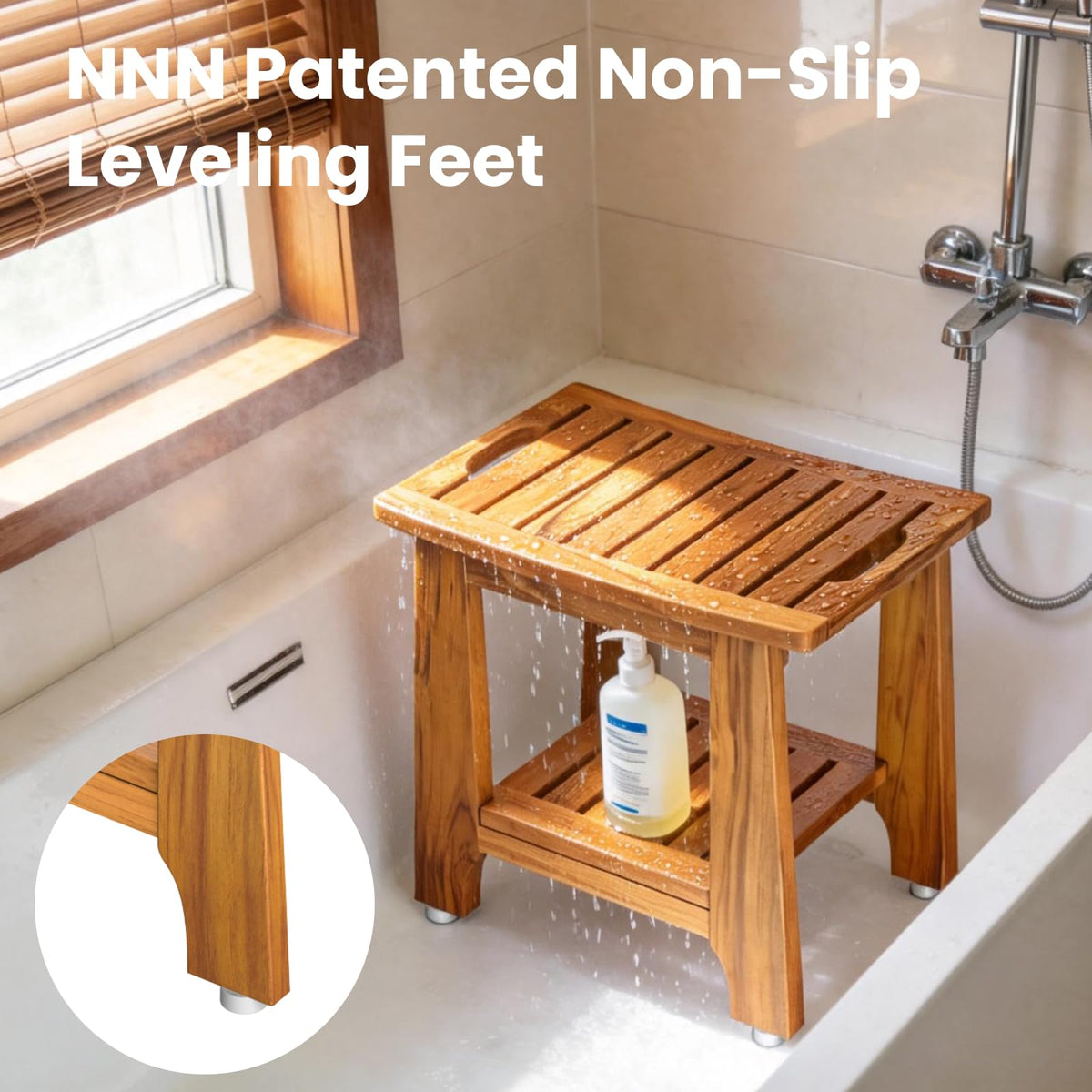 18" Teak Shower Bench with Non-Slip Leveling Feet E707