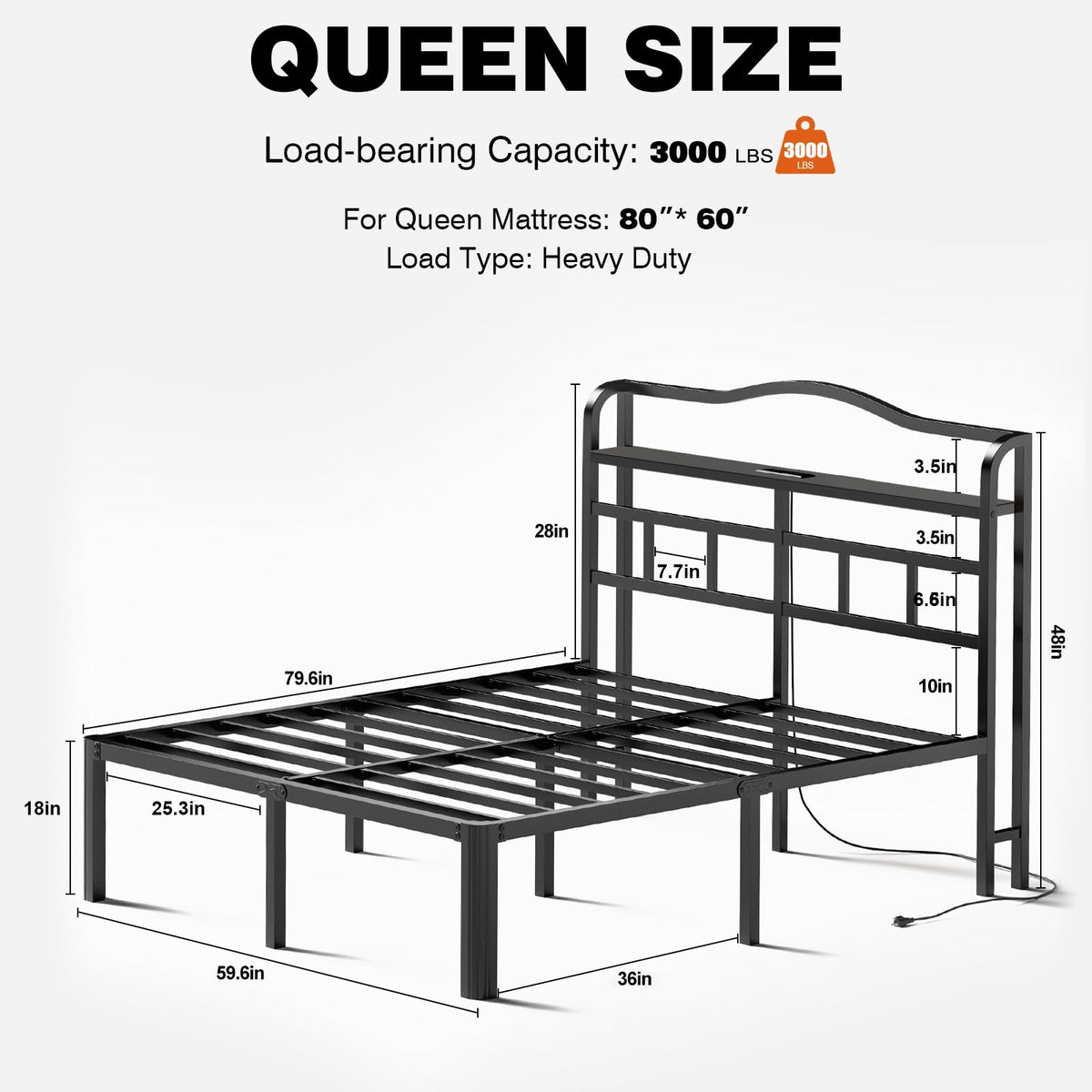 Queen 18 Inch Metal Platform Bed Frame with Headboard and Charging Station C676