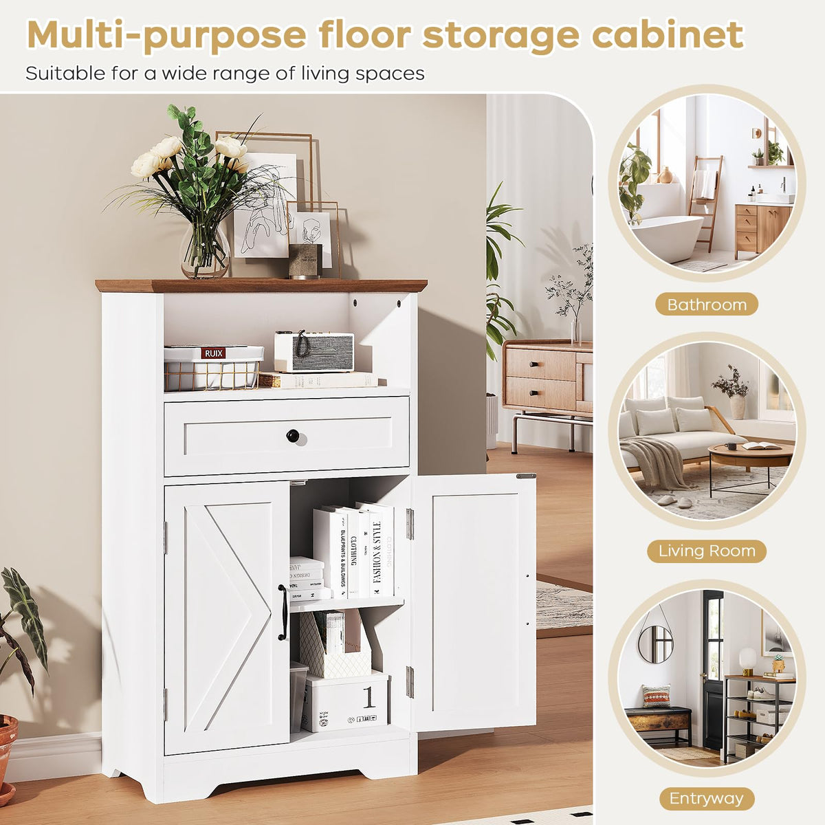 White Storage Cabinet with Barn Doors and Drawers H83197