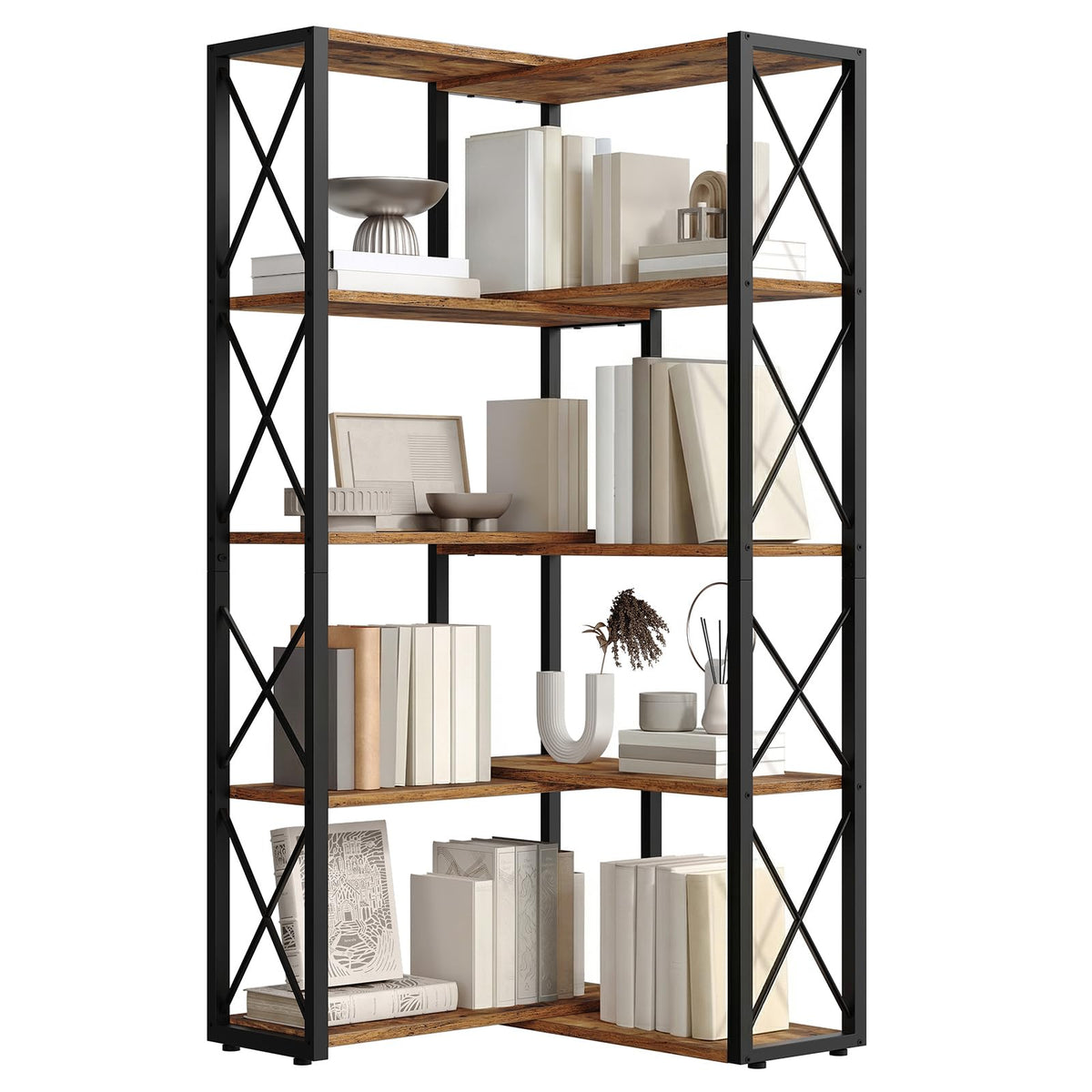 5-Tier Rustic Brown and Black Corner Bookshelf D190604