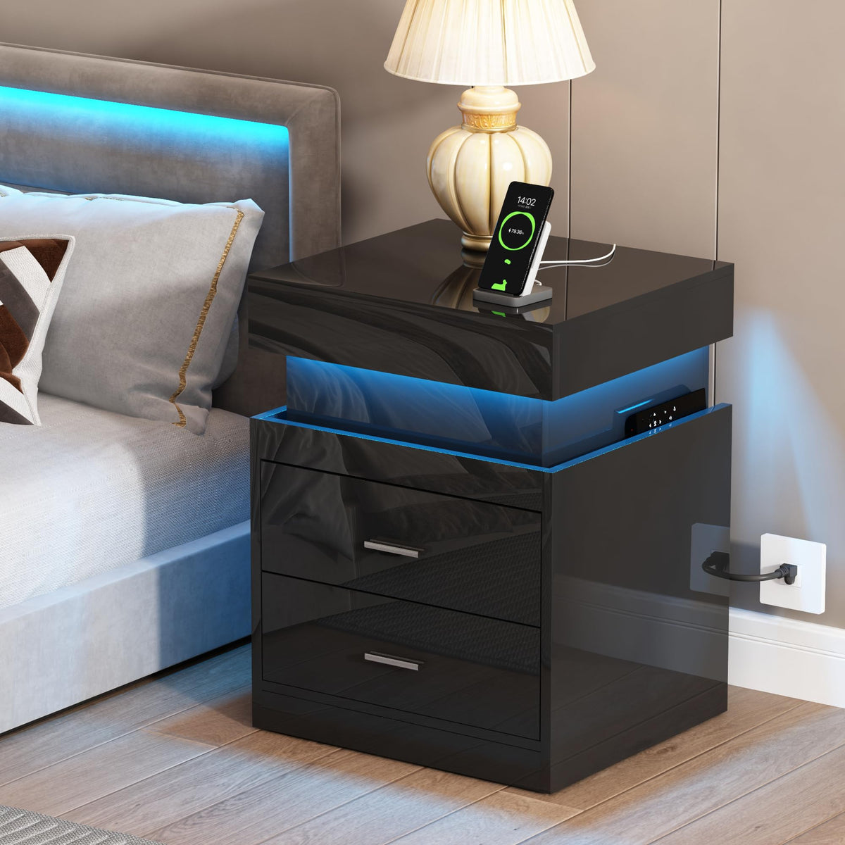 LED Nightstand with Charging Station and Sliding Storage N802