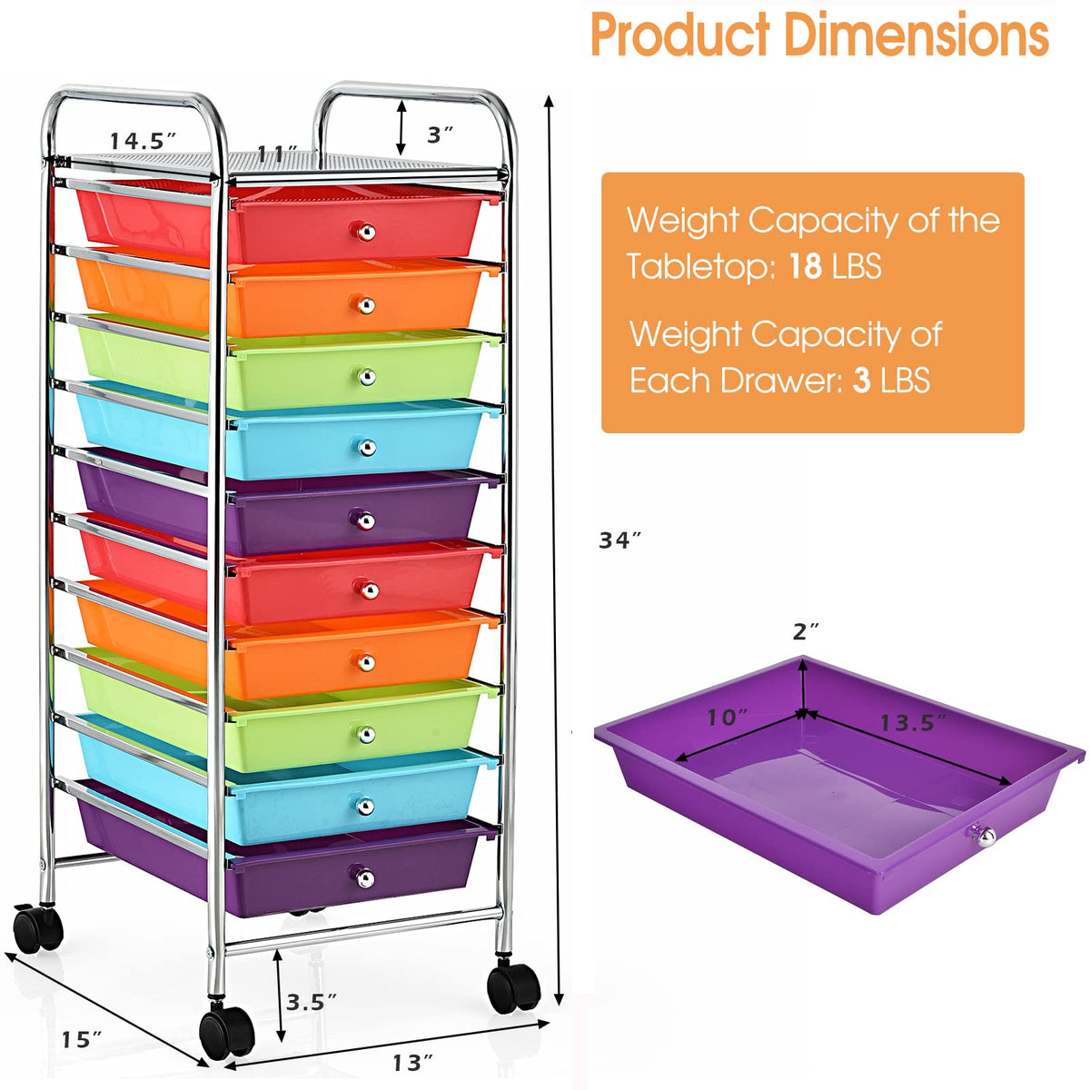 10 Drawer Rolling Storage Cart with Wheels U42440