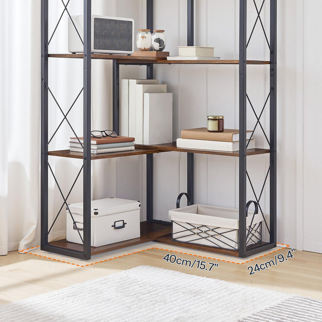 5-Tier Rustic Brown and Black Corner Bookshelf D190604