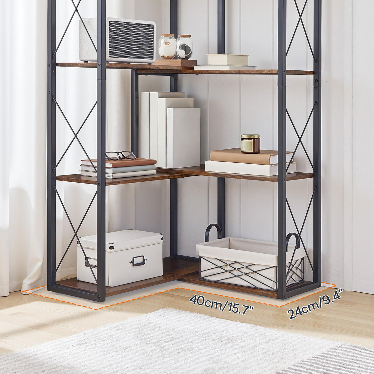 5-Tier Rustic Brown and Black Corner Bookshelf D190604