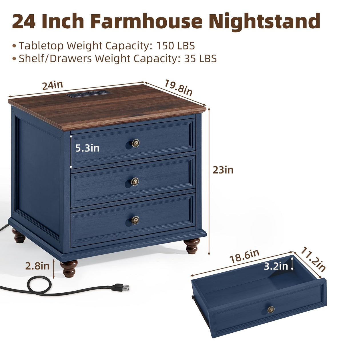 Blue Wood Nightstand Set of 2 with Charging Station Q510596
