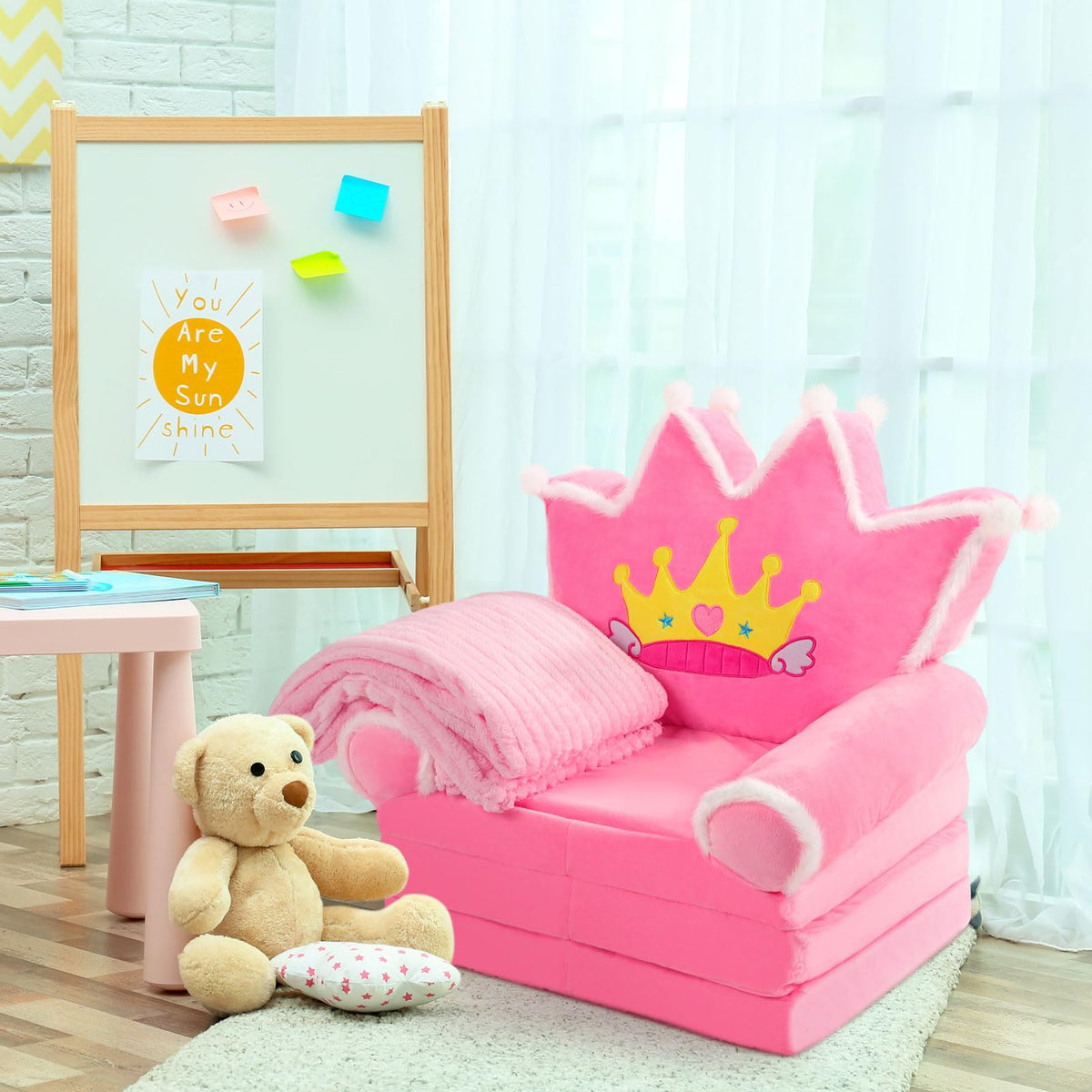 Pink 2 in 1 Fold Out Couch Set with Flannel Blanket S382
