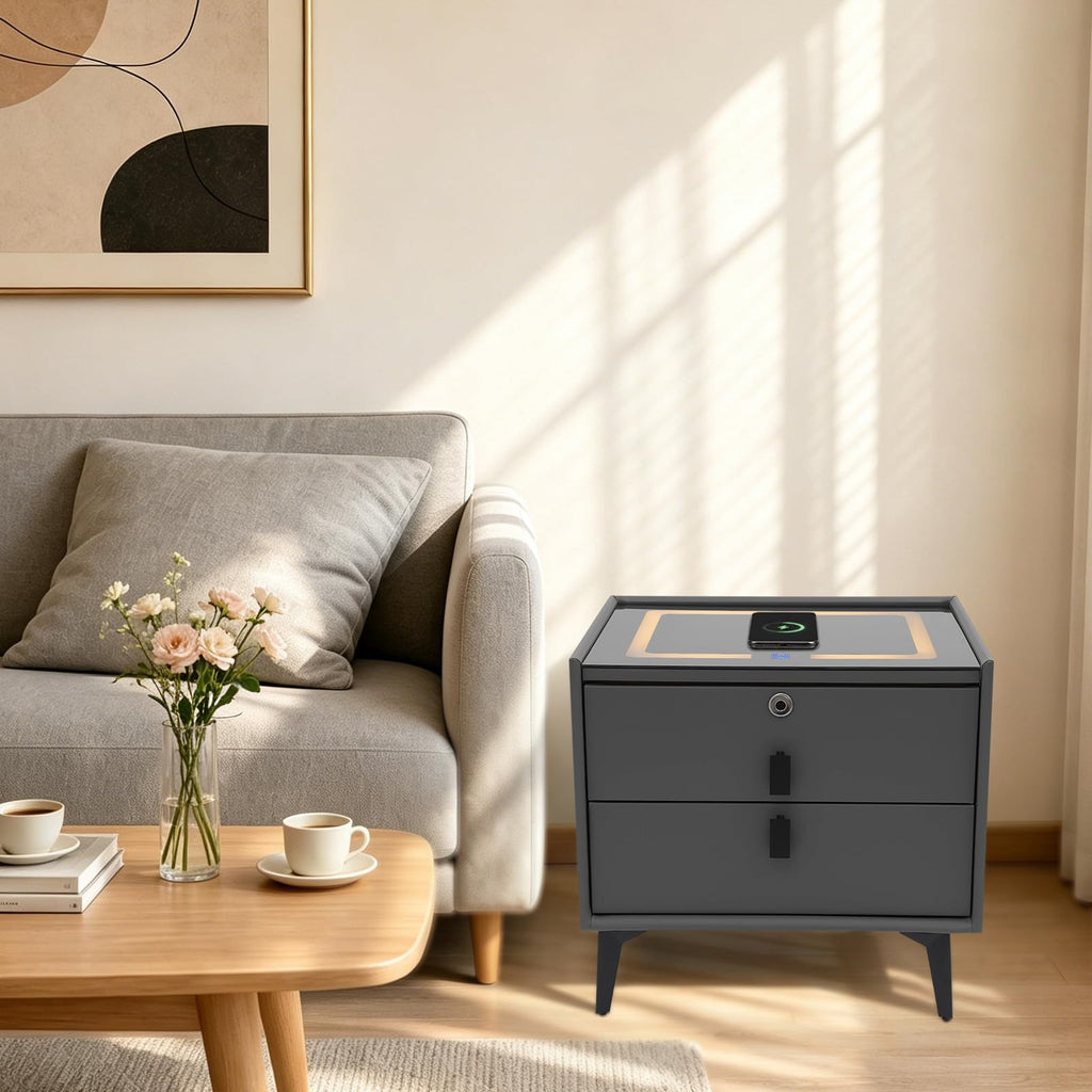 Smart Nightstand with Fingerprint Lock, Wireless Charging & 2-Drawer L532