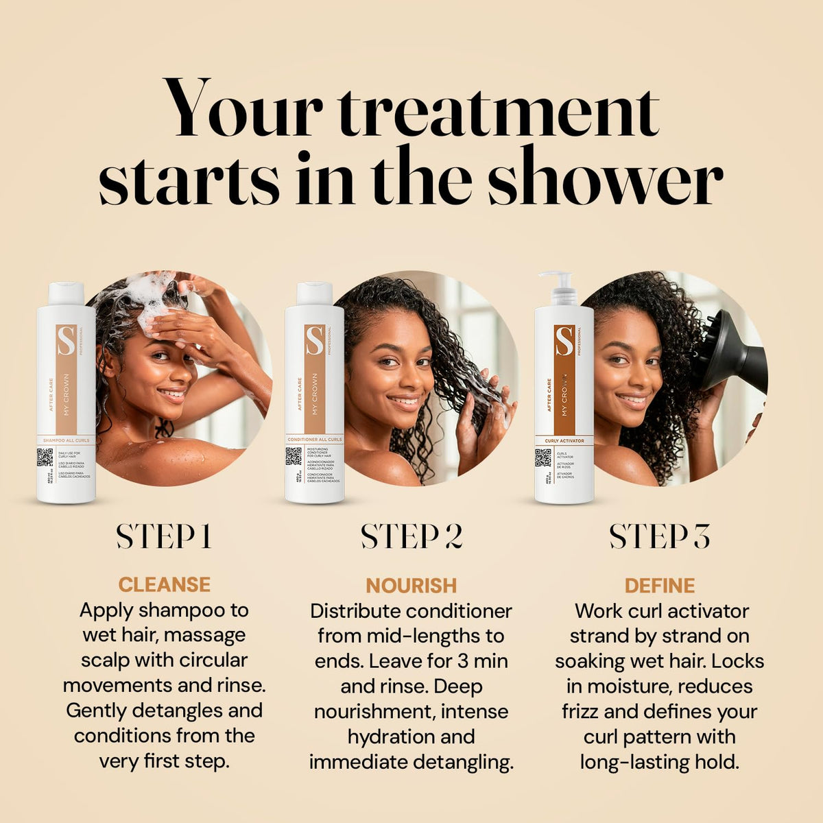 Curly Hair Shampoo Conditioner & Curl Cream Kit, 3x16.9oz U6722