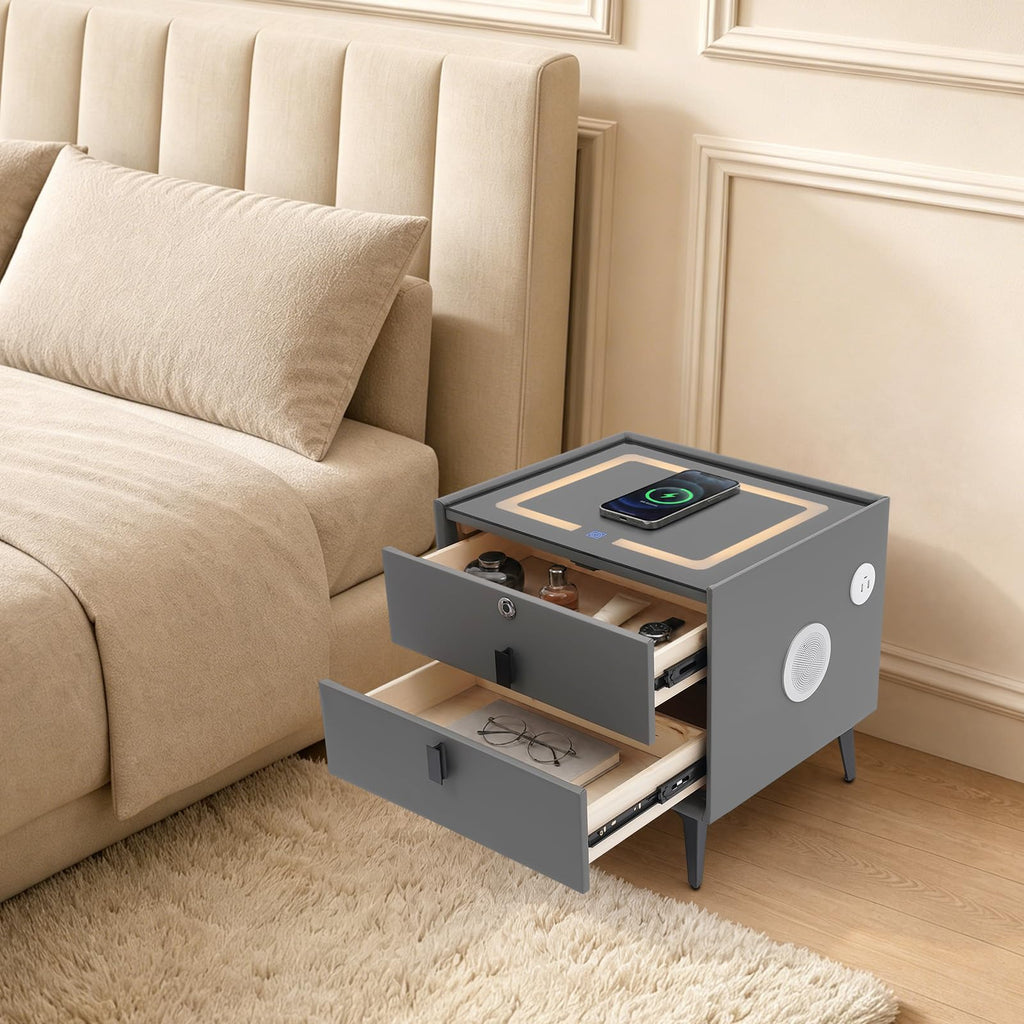 Smart Nightstand with Fingerprint Lock, Wireless Charging & 2-Drawer L532