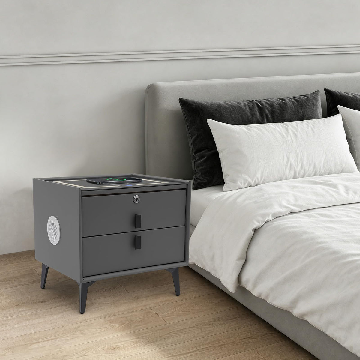 Smart Nightstand with Fingerprint Lock, Wireless Charging & 2-Drawer L532