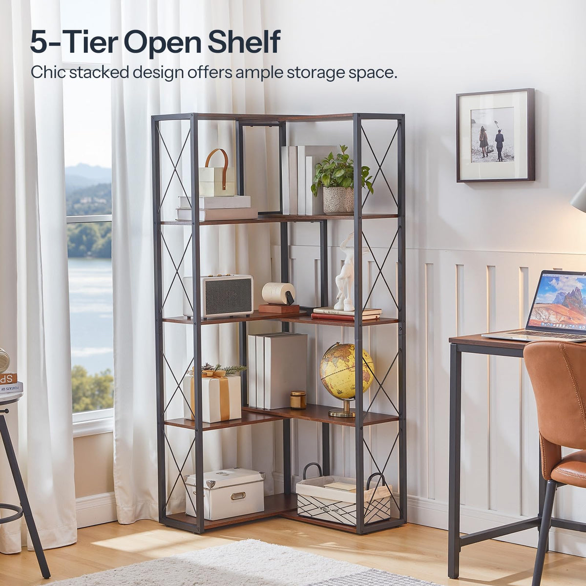 5-Tier Rustic Brown and Black Corner Bookshelf D190604