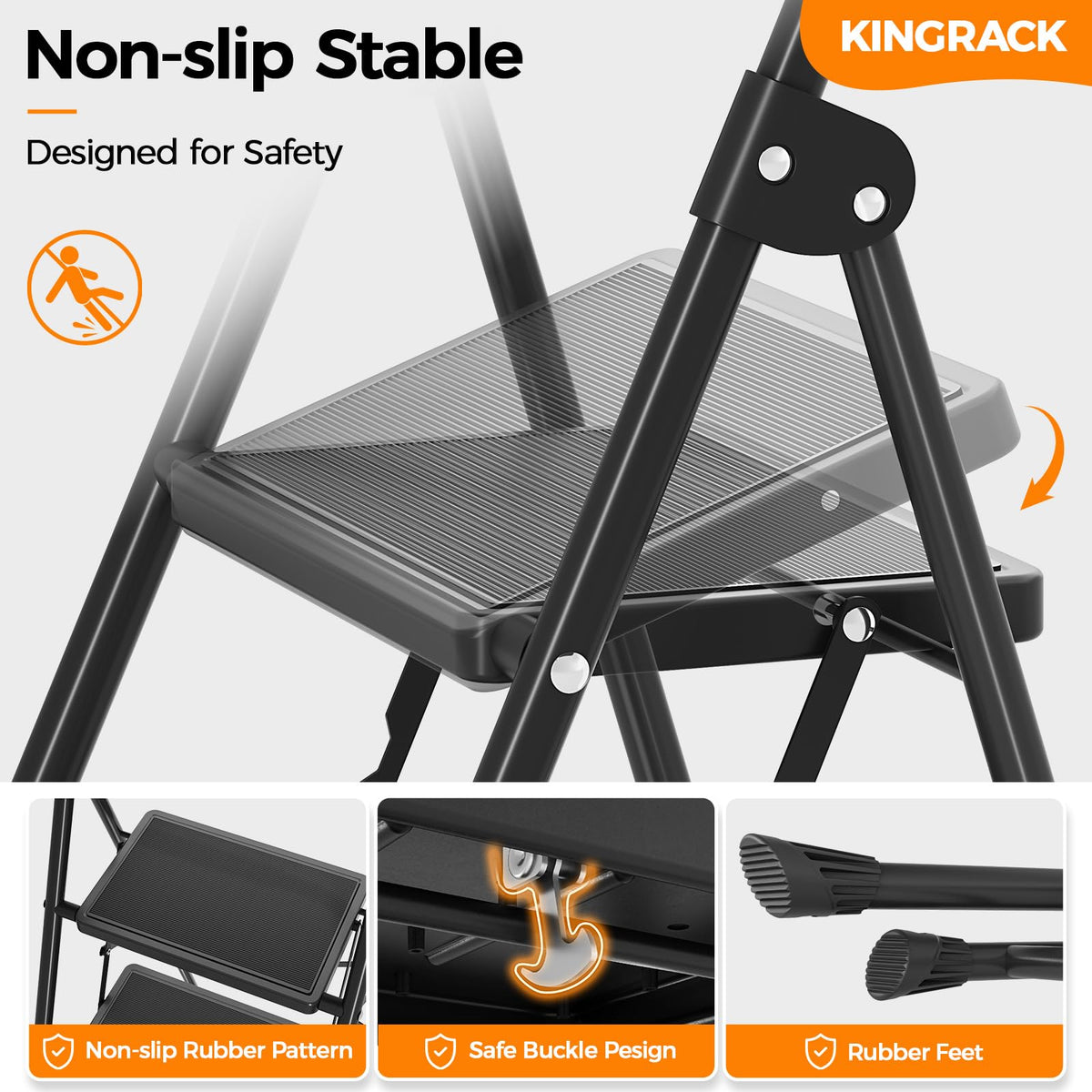 2 Step Folding Step Stool with Handrail Black S1013