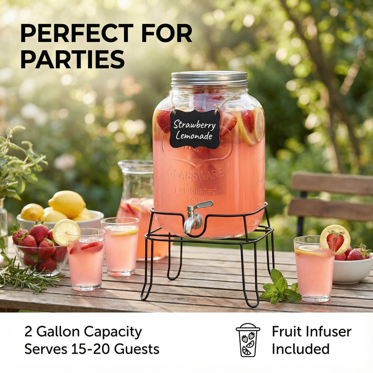 2 Gallon Glass Drink Dispenser with Stand F109