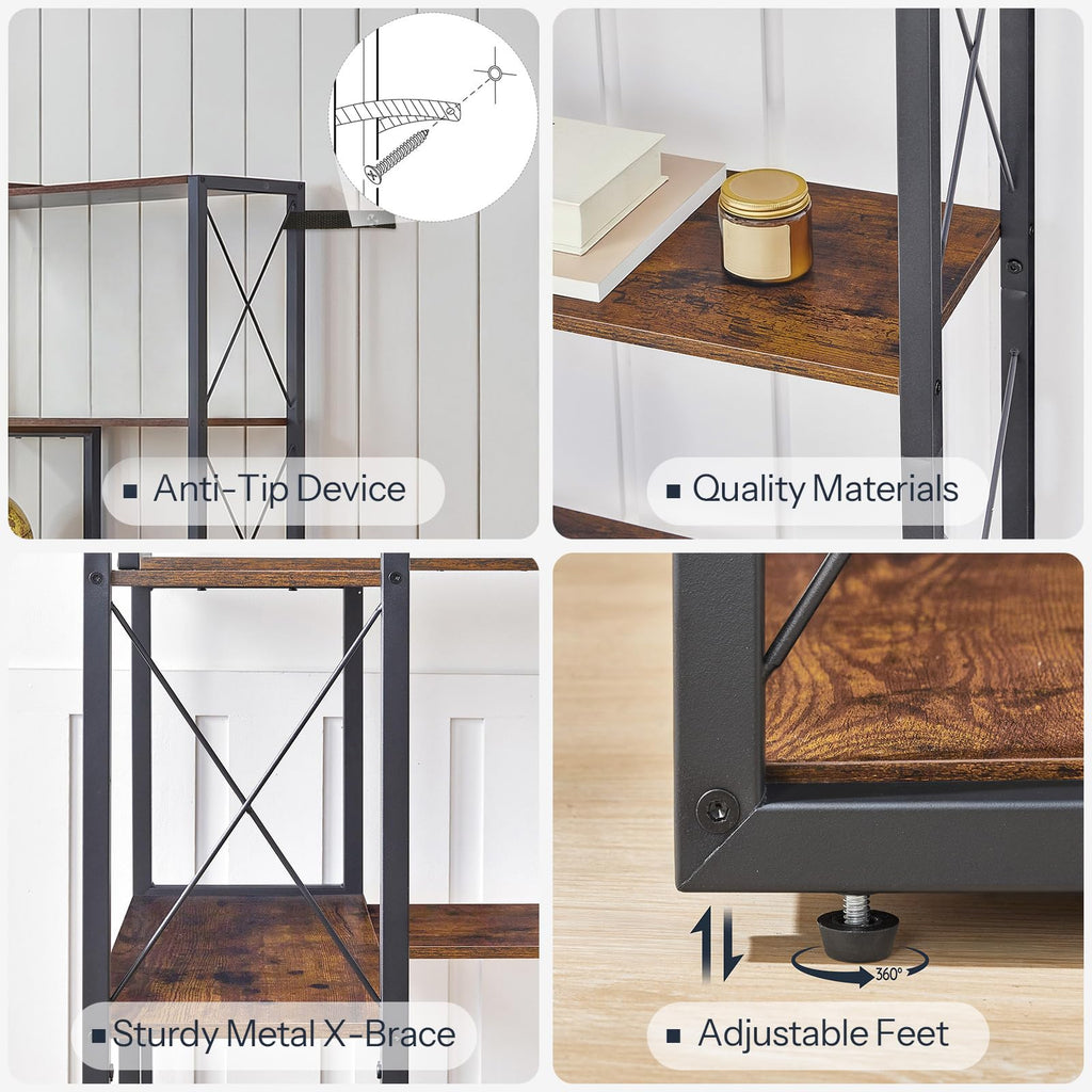 5-Tier Rustic Brown and Black Corner Bookshelf D190604