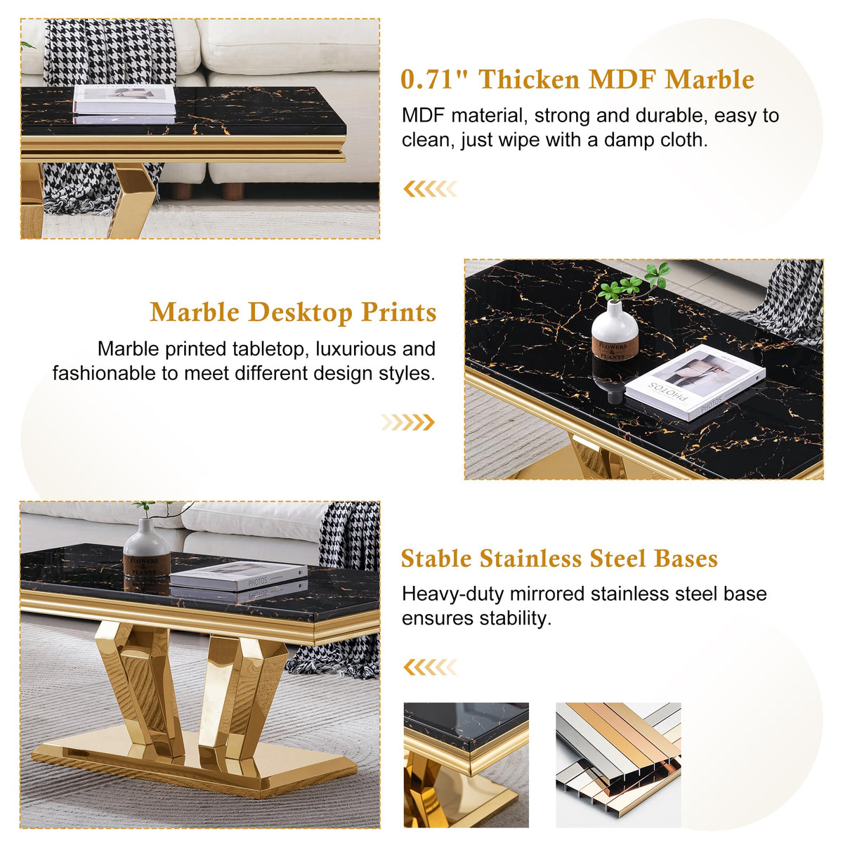 47" Faux Marble Rectangular Coffee Table with Mirrored Finish Stainless Steel Base J2977