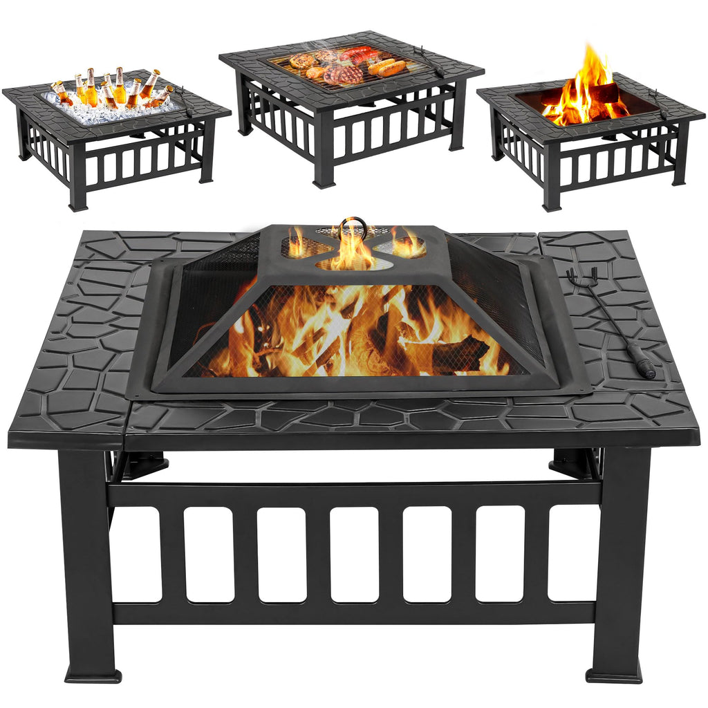 32 Inch Square Metal Outdoor Fire Pit with Spark Screen Lid and Waterproof Cover Y9768