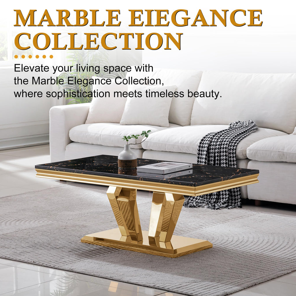 47" Faux Marble Rectangular Coffee Table with Mirrored Finish Stainless Steel Base J2977