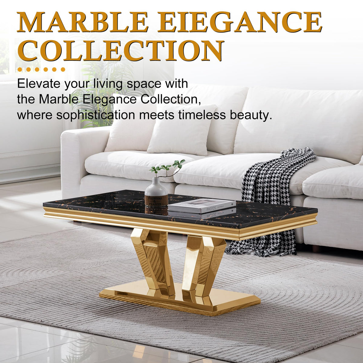 47" Faux Marble Rectangular Coffee Table with Mirrored Finish Stainless Steel Base J2977