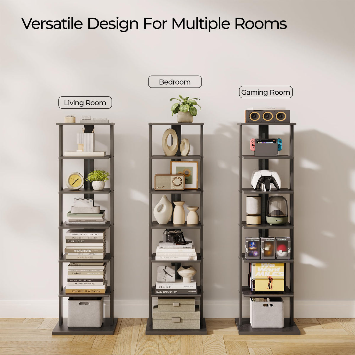 Black 7-Tier Narrow Bookshelf with LED Lights E49739