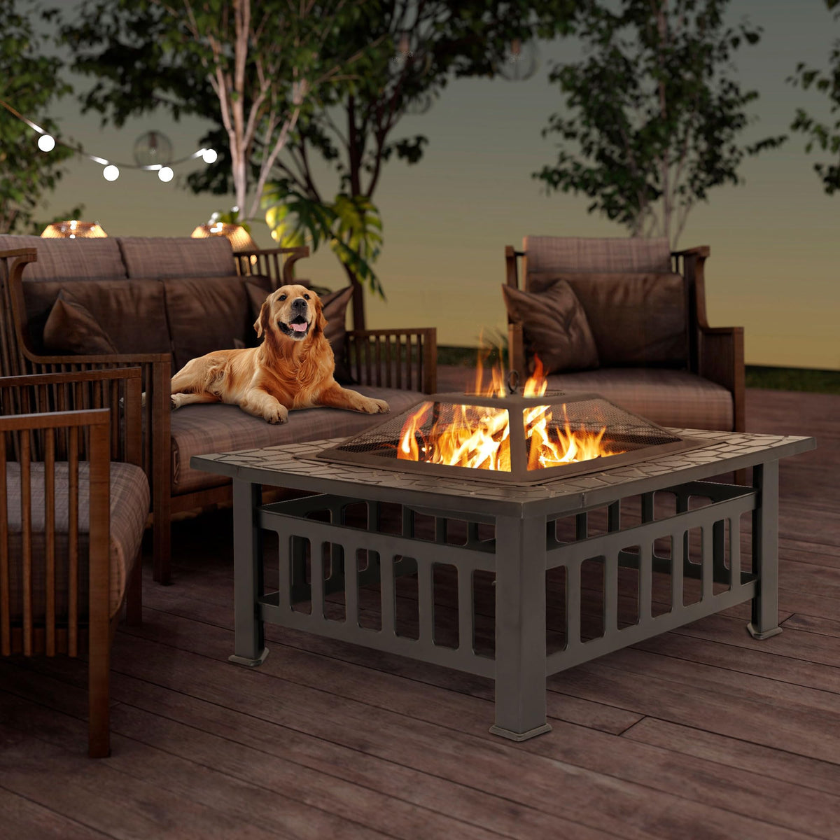 32 Inch Square Metal Outdoor Fire Pit with Spark Screen Lid and Waterproof Cover Y9768