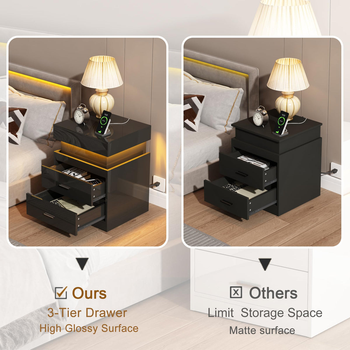 LED Nightstand with Charging Station and Sliding Storage N802